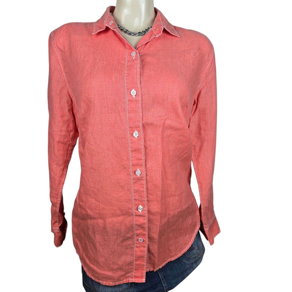 Tommy Bahama 100% Linen Button Blouse Women's S Salmon Long Sleeve Beach